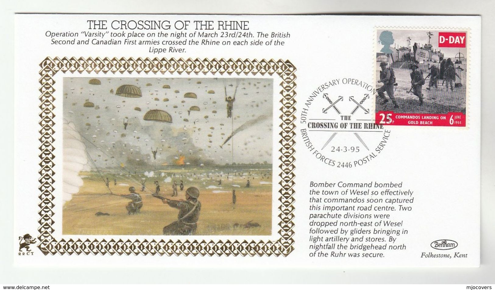 1995 GB Very Ltd EDITION COVER Anniv OPERATION VARSITY, RHINE PARATROOPERS Wwii British Forces Stamp Parachuting Germany - WW2