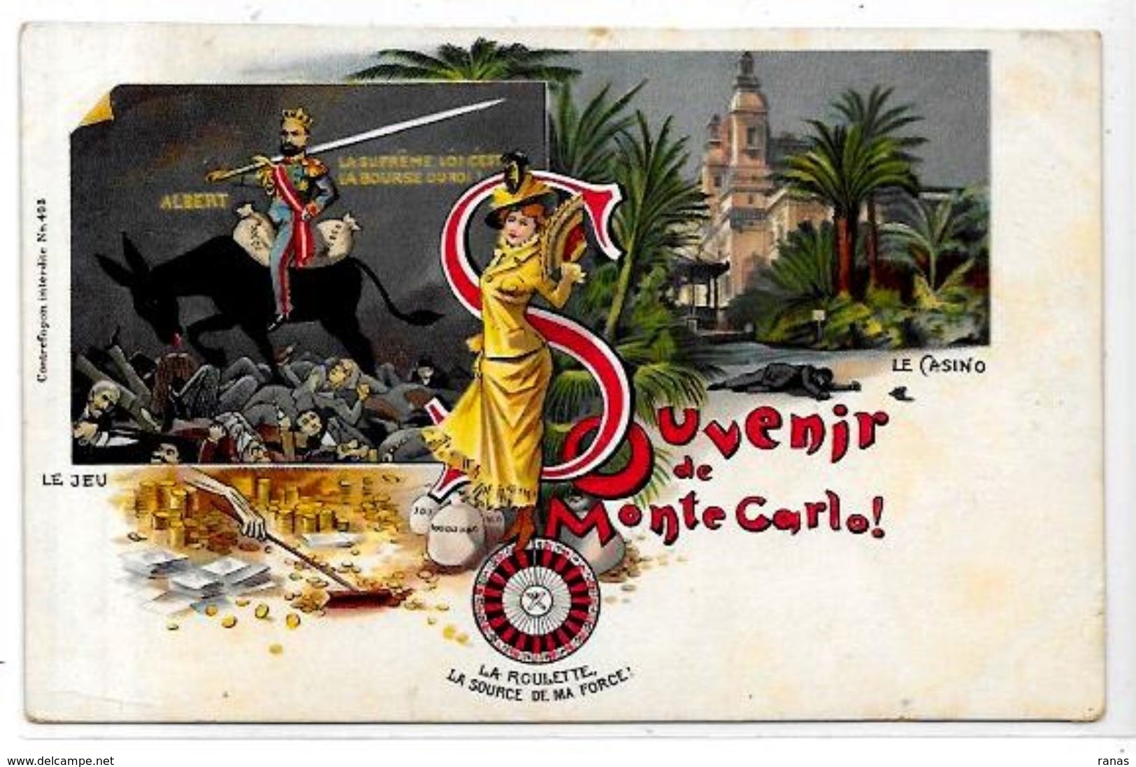 CPA Monaco Monte Carlo Satirique Caricature Anti Jeu Albert 1er Casino Non Circulé Ane - Monte-Carlo