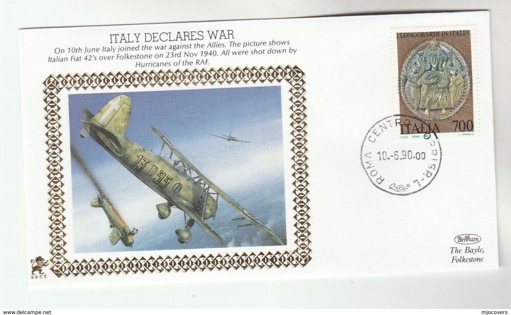 1990 ITALY Very Ltd EDITION COVER Anniv WAR DECLARED, RAF SHOOT DOWN FIAT 42 AIRCRAFT  WWII Event Stamps - Seconda Guerra Mondiale
