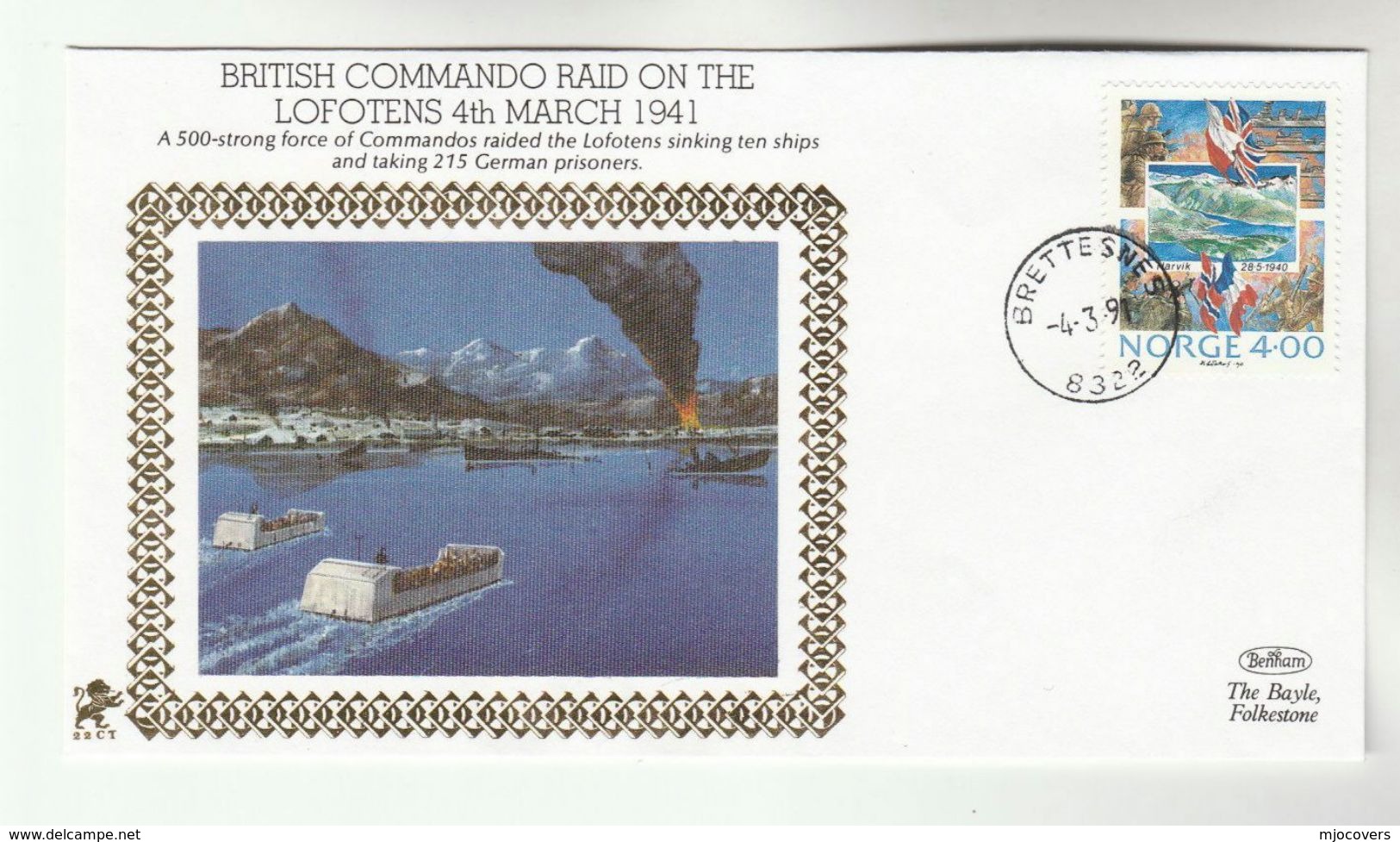 1991 NORWAY Very Ltd EDITION COVER Anniv BRITISH COMMANDO RAID LOFOTENS WWII  Event Stamps - 2. Weltkrieg