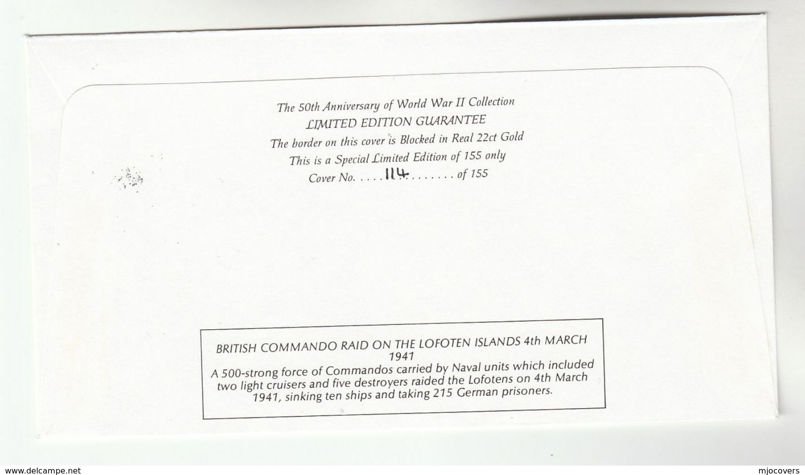 1991 NORWAY Very Ltd EDITION COVER Anniv BRITISH COMMANDO RAID LOFOTENS WWII  Event Stamps - 2. Weltkrieg