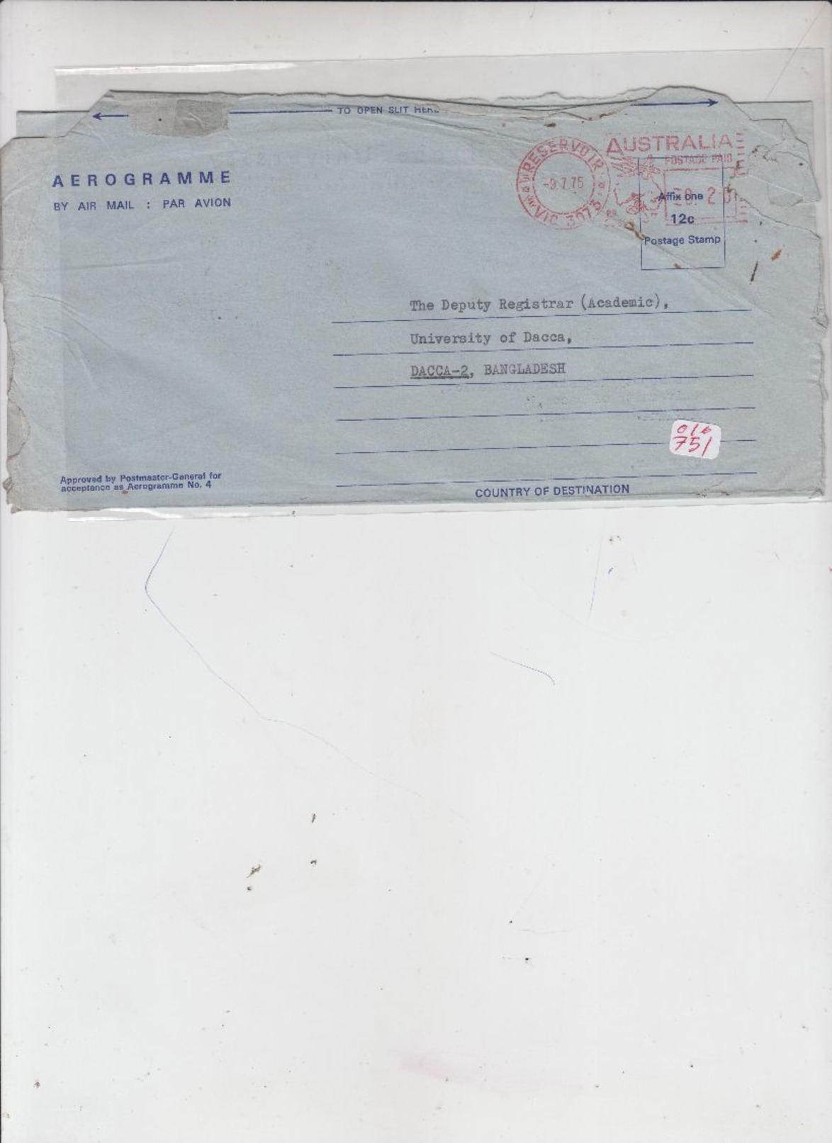 1975 - USED AEROGRAMME BY AIR MAIL FROM AUSTRALIA TO BANGLADESH. VERY SCARCE. SEE PICTURE FOR ITEM CONDITION. - Sonstige & Ohne Zuordnung