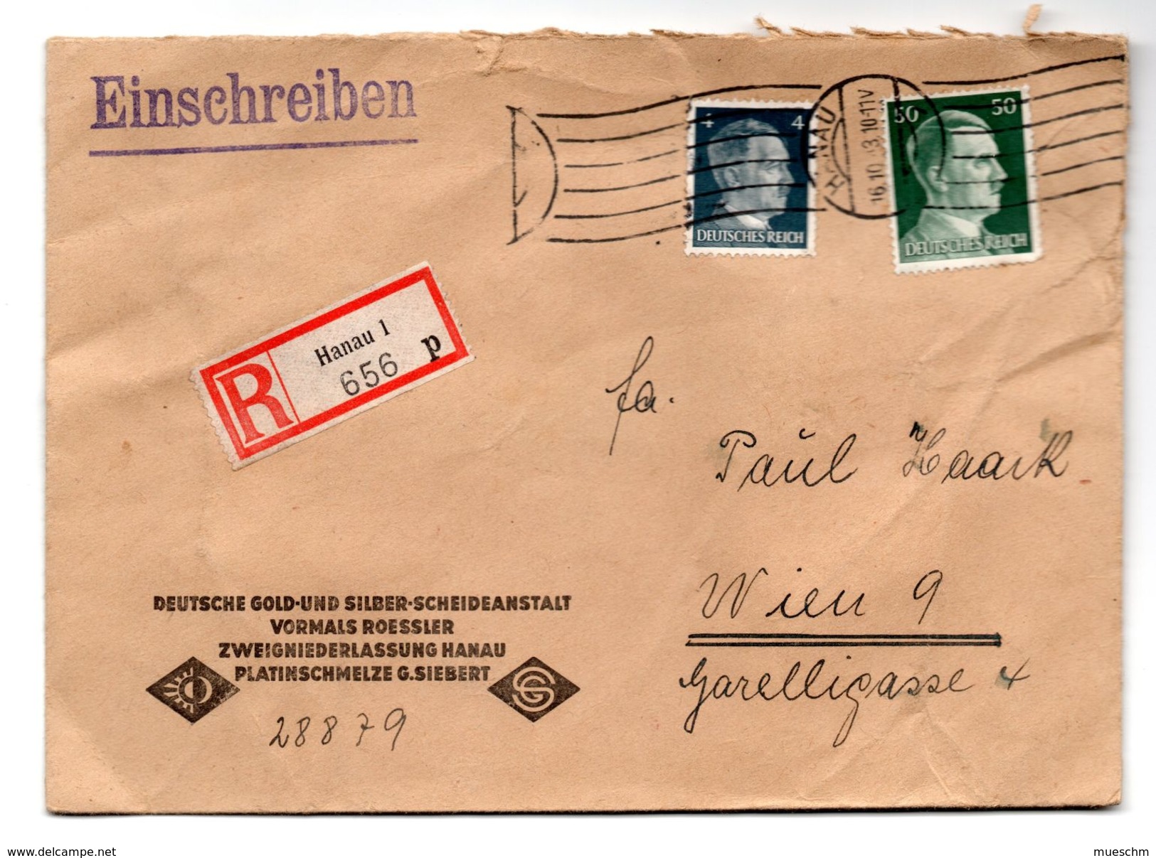 Deutschland, 1942, Reko-Kuvert Mit 4+50Pfg., Stempel Hanau Und Siegel "Degussa-Sieber, Hanau" Auf Rückseite (16688E) - Briefe U. Dokumente