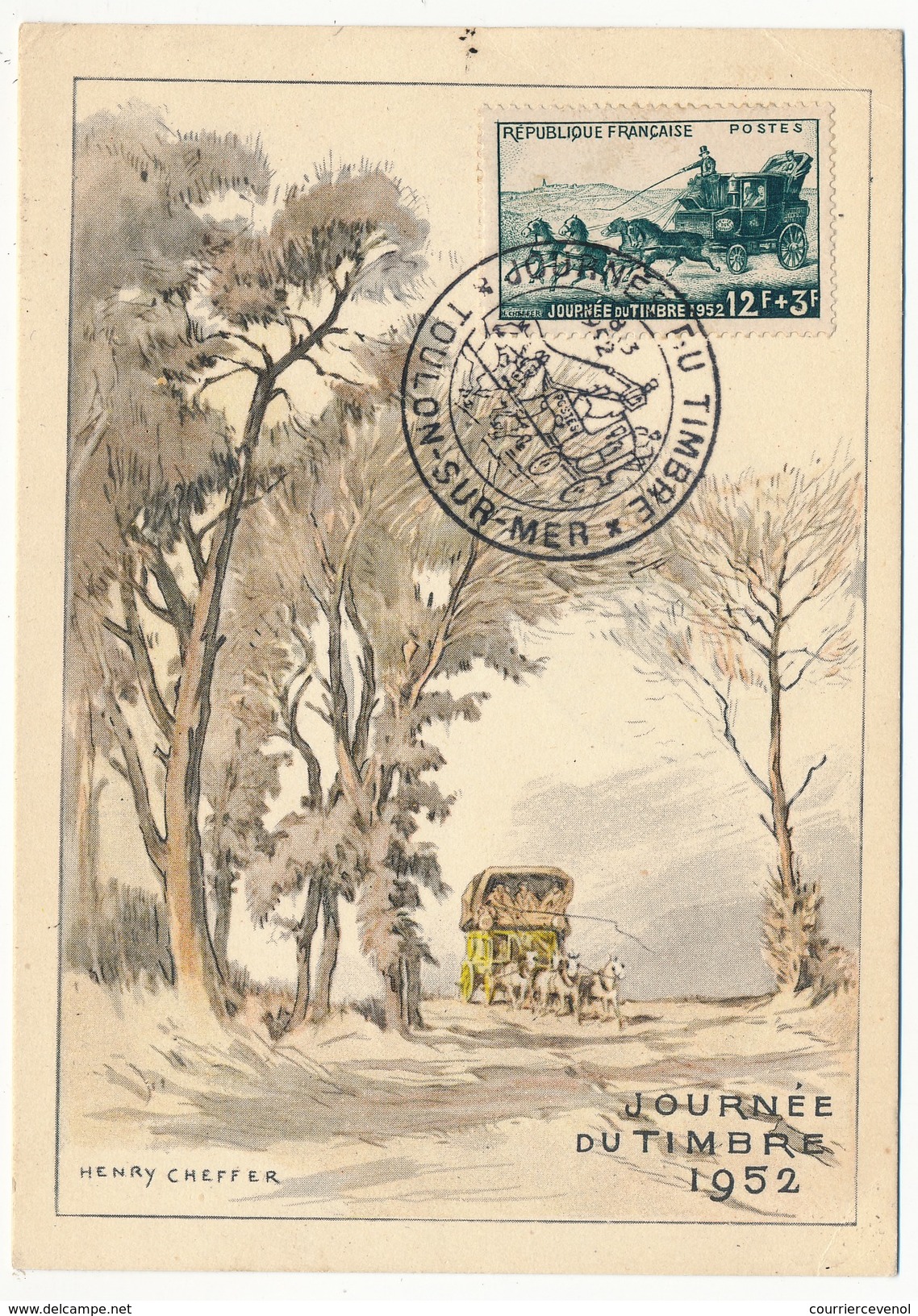 FRANCE - Carte Fédérale Journée Du Timbre 1952 - TOULON - Malle Poste - Vignette Locale Au Dos - Tag Der Briefmarke