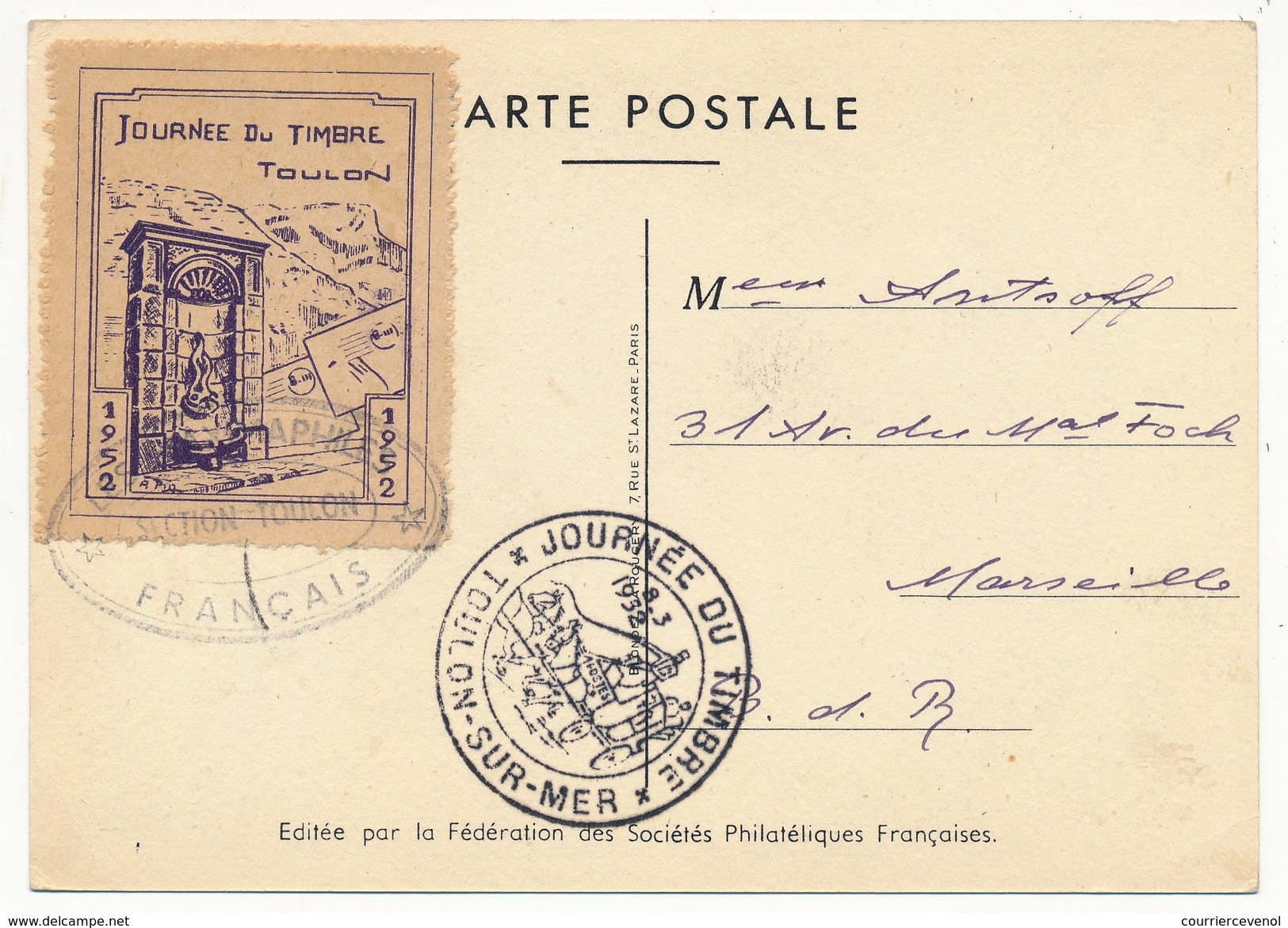 FRANCE - Carte Fédérale Journée Du Timbre 1952 - TOULON - Malle Poste - Vignette Locale Au Dos - Stamp's Day