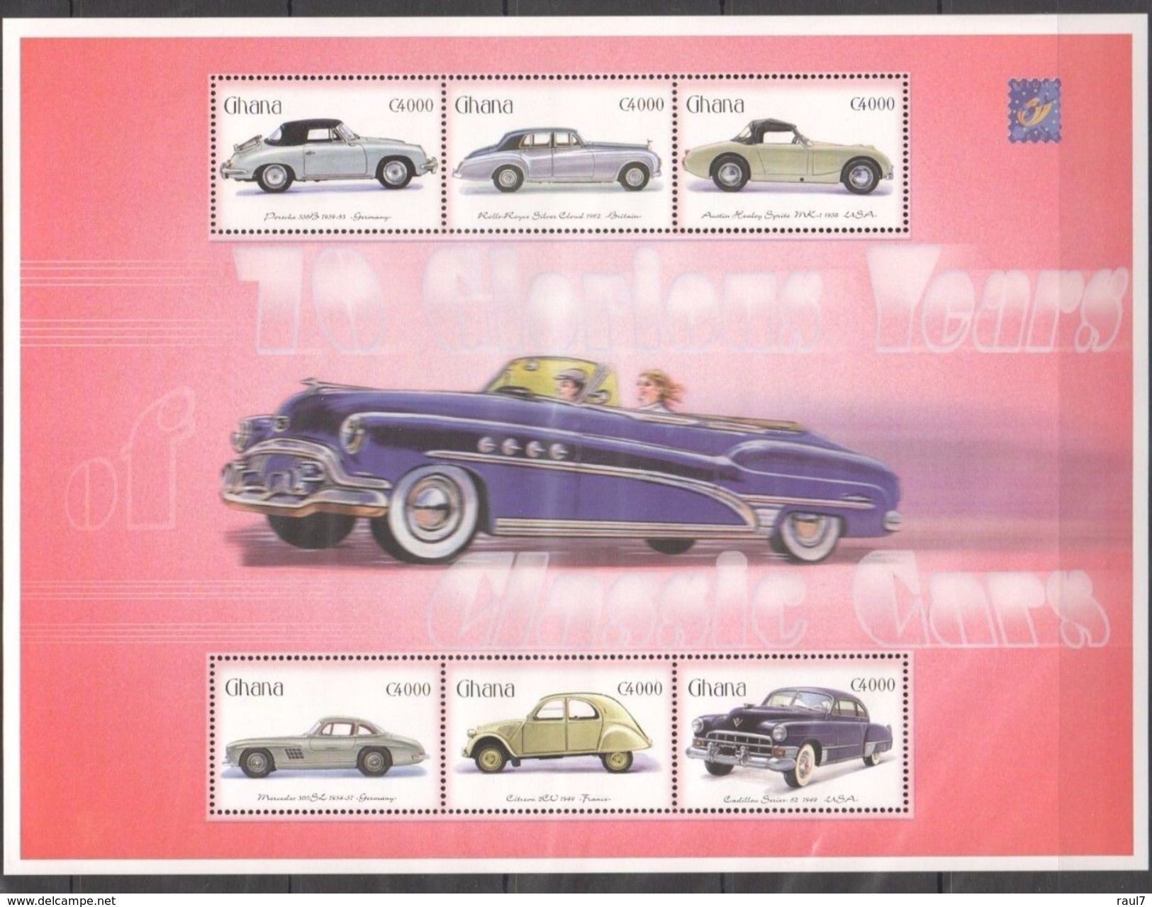 GHANA 2001 - Voitures Classiques Des Années 1960, Porsche, Mercedes, Aston Martin, Citroën 2 Cv - BF 6 Val Neufs // Mnh - Ghana (1957-...)