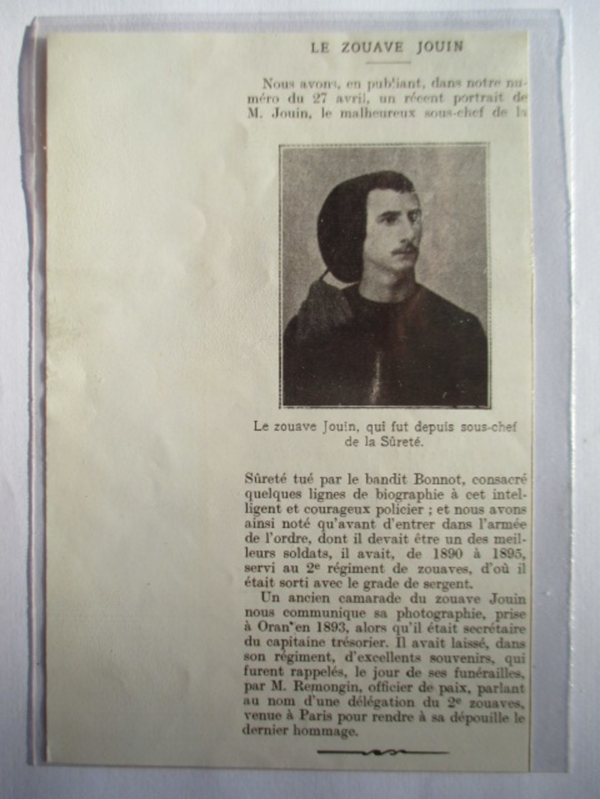 1912 -  Bande à Bonnot  - Assassinat Du Zouave JOUIN       - Coupure De Presse Originale (encart Photo) - Documents Historiques