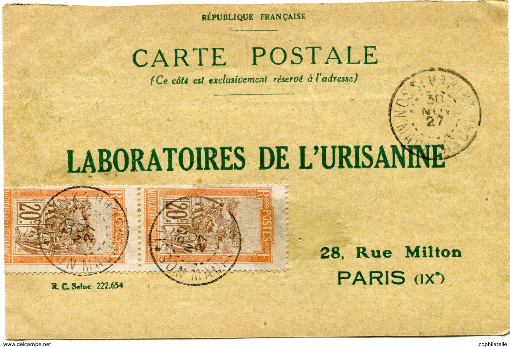 MADAGASCAR CARTE POSTALE BON POUR UN FLACON ECHANTILLON D'URISANINE DEPART NOSSIVARIKA 30 NOV 27  POUR LA FRANCE - Lettres & Documents