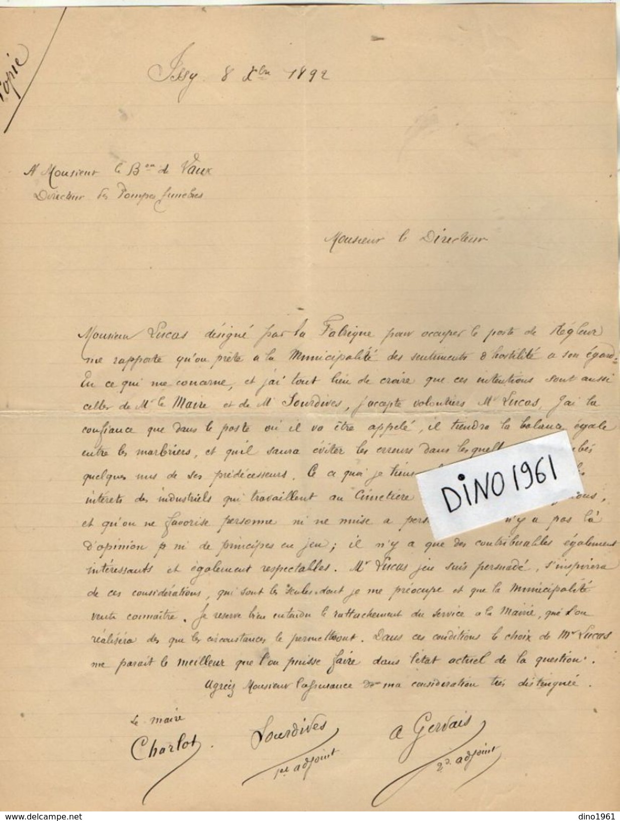 VP11.811 - Lot de Documents la Ville d' ISSY & Mr le Baron de VAUX Directeur des Pompes Funèbres à PARIS