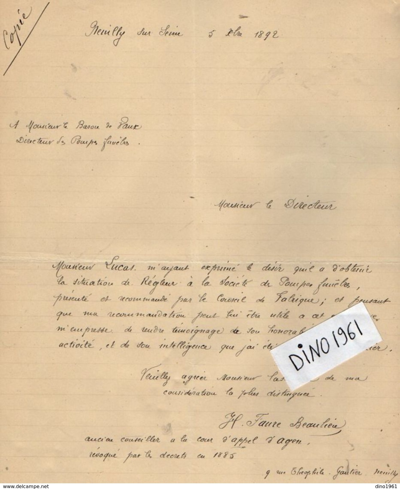 VP11.811 - Lot de Documents la Ville d' ISSY & Mr le Baron de VAUX Directeur des Pompes Funèbres à PARIS