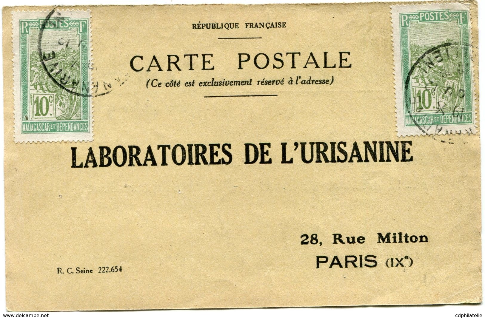 MADAGASCAR CARTE POSTALE BON POUR UN FLACON ECHANTILLON D'URISANINE DEPART TANANARIVE ? ? ?  POUR LA FRANCE - Lettres & Documents