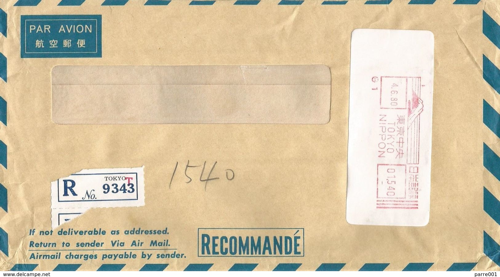 Japan 1980 Tokyo Meter Hasler “F88” H1 Bank Of Tokyo Registered Cover - Briefe U. Dokumente