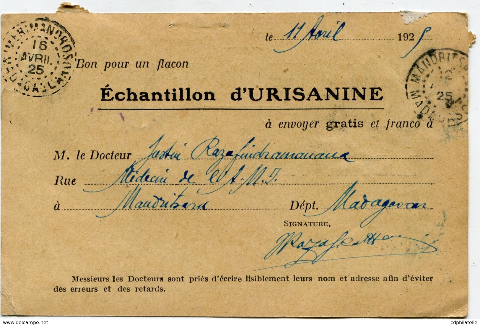 MADAGASCAR CARTE POSTALE BON POUR UN FLACON ECHANTILLON D'URISANINE DEPART MANDRITSARA 12 AVRIL 25  POUR LA FRANCE - Lettres & Documents