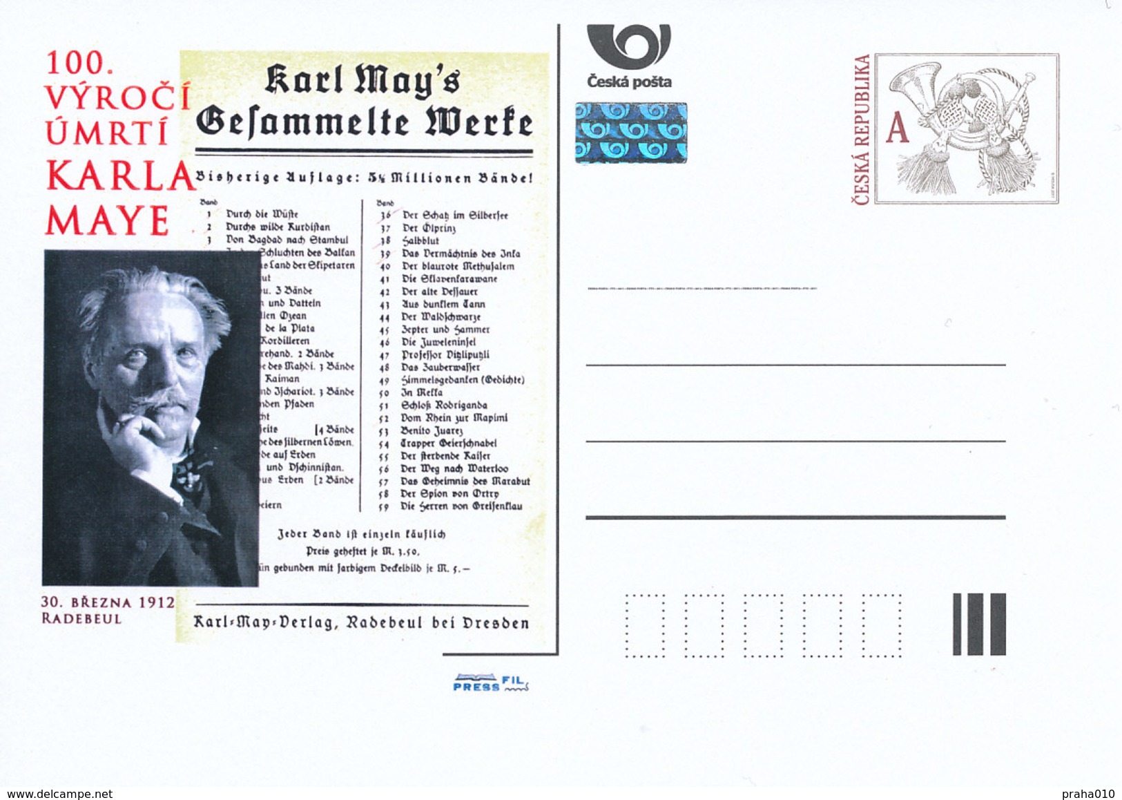 Tschech. Rep. / Ganzsachen (Pre2012/17) Karl May (1842-1912) Deutscher Schriftsteller - Indiens D'Amérique