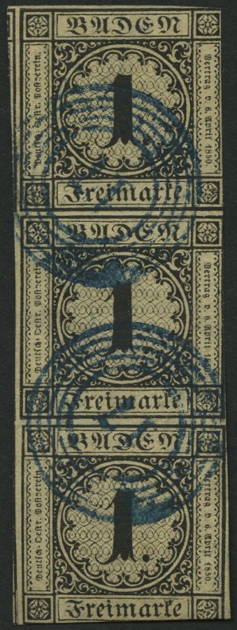 BADEN 1a O, 1851, 1 Kr. Schwarz Auf Sämisch Im Senkrechten Dekorativen Dreierstreifen, Blauer Nummernstempel 17 (BOXBERG - Sonstige & Ohne Zuordnung