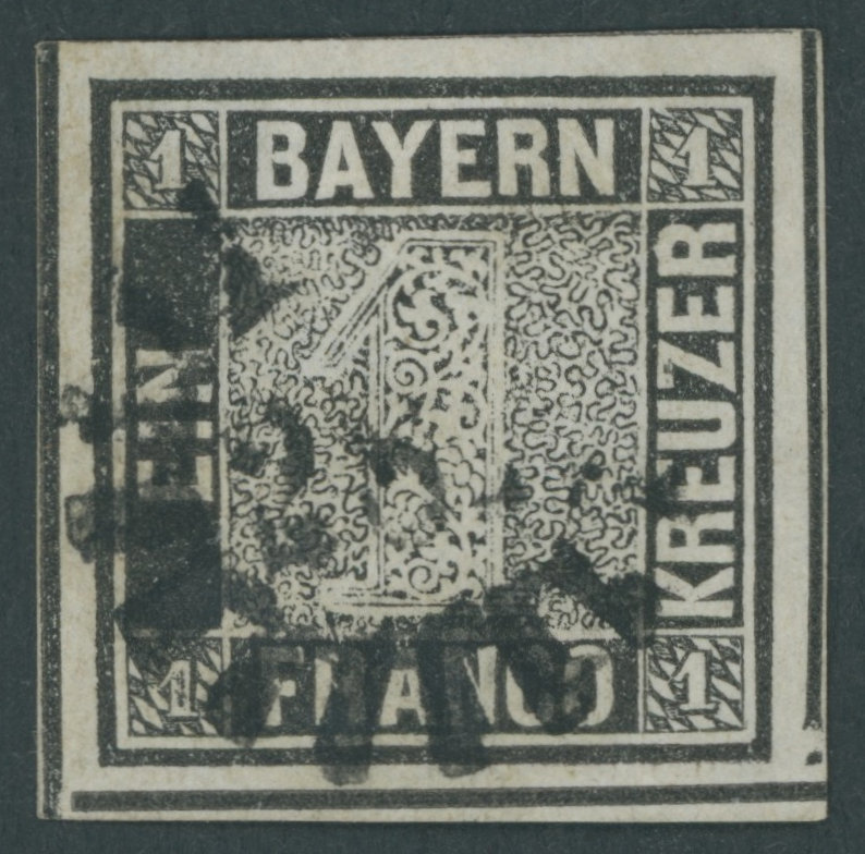 BAYERN 1Ia O, 1849, 1 Kr. Schwarzgrau, Platte 1, Allseits überrandig Mit Allen Zwischenlinien, Aus Der Bogenmitte, Da Un - Sonstige & Ohne Zuordnung