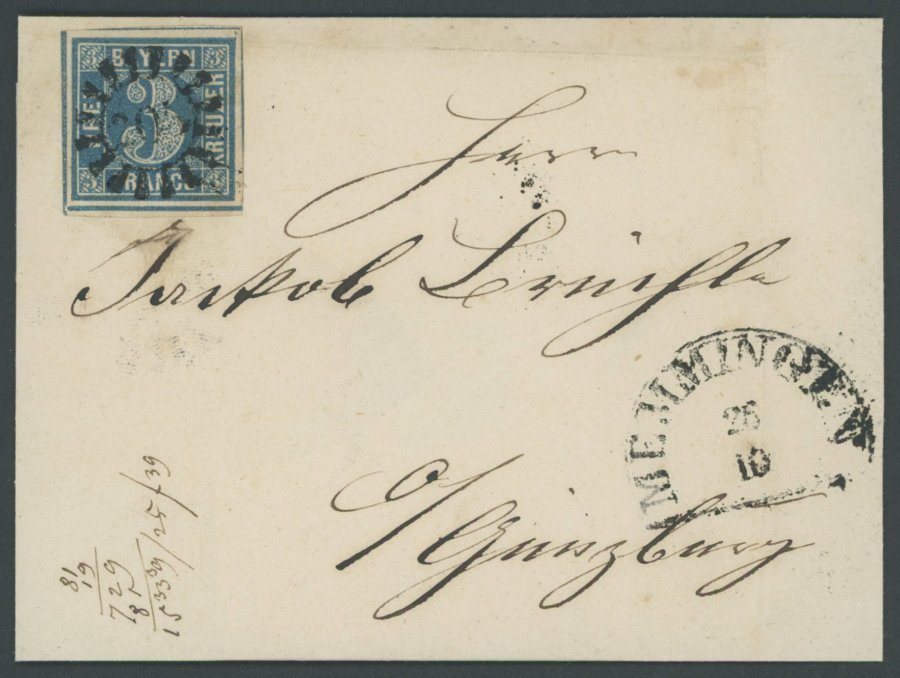 BAYERN 2Ib BRIEF, 1850, 3 Kr. Schwarzblau, Platte 1, Allseits Mit Kleinem Unterrandteil!, Zentrischer MR-Stempel 205 Von - Other & Unclassified