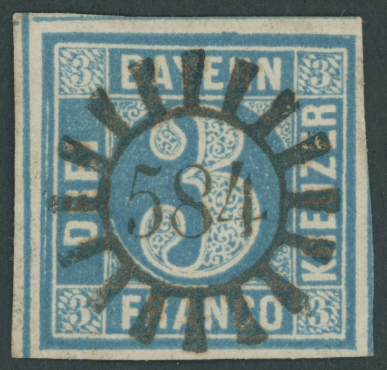 BAYERN 2II O, 1859, 2 Kr. Blau, Platte 5, Idealer MR-Stempel 584 (Wilhermsdorf), überrandig, Luxusstück - Sonstige & Ohne Zuordnung