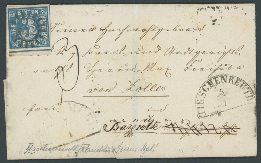 BAYERN 2IIA BRIEF, 1850, 3 Kr. Blau Ausgefüllte Ecken, Unterrandstück Mit Zentrischem MR-Stempel 522 (Tischenreuth) Auf  - Other & Unclassified