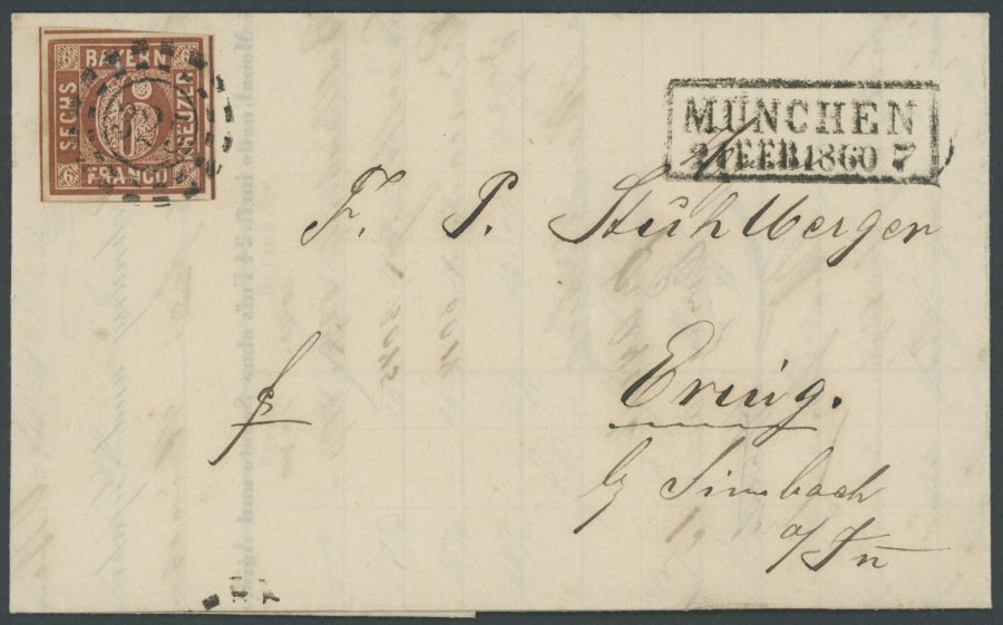 BAYERN 4II BRIEF, 1860, 6 Kr. Dunkelbraunorange, Type II, Platte 3, 4 Schnittlinien, Kabinettbrief Mit Kasten-Nebenstemp - Other & Unclassified