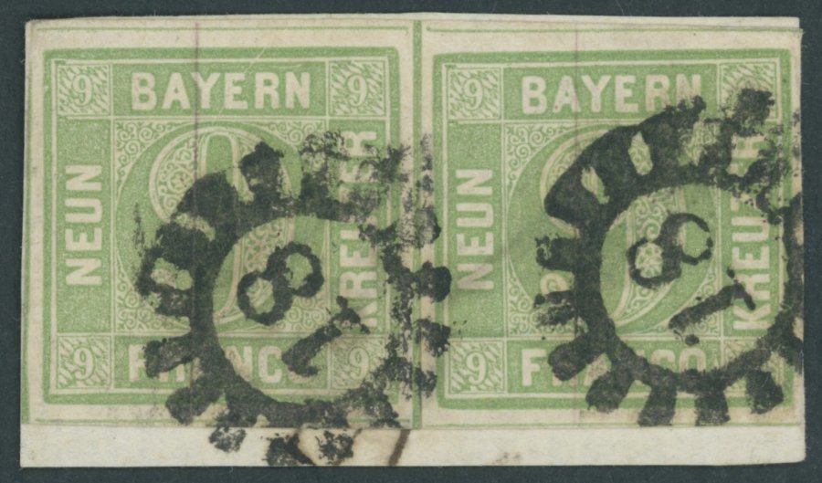 BAYERN 5b Paar BrfStk, 1853, 9 Kr. Blaugrün Im Waagerechten Breitrandigem Paar, MR-Stempel 18, Kabinettbriefstück, Gepr. - Other & Unclassified