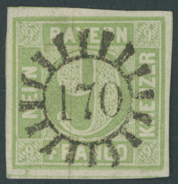 BAYERN 5c O, 1851, 9 Kr. Maigrün, Idealer Zentrischer MR-Stempel 170 (Grünstadt), Luxusstück, Gepr. Brettl - Sonstige & Ohne Zuordnung