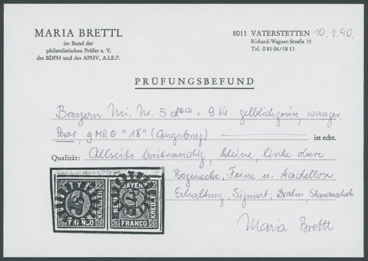 BAYERN 5d Paar O, 1852, 9 Kr. Gelbgrün Im Waagerechten Paar Aus Der Linken Oberen Bogenecke, Kabinett, U.a. Fotobefund B - Sonstige & Ohne Zuordnung