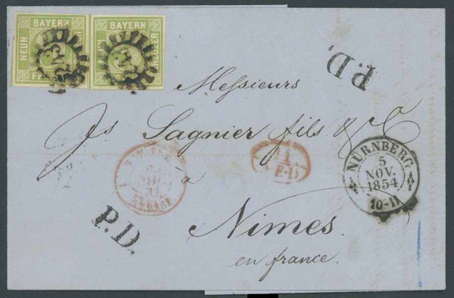 BAYERN 5d BRIEF, 1854, 9 Kr. Gelbgrün, 2x Auf Brief Von NÜRNBERG Nach Frankreich, Dekorativer Auslandsbrief, Pracht, Gep - Other & Unclassified