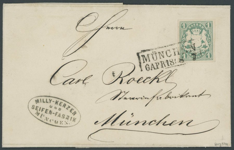 BAYERN 14c BRIEF, 1868, 1 Kr. Dunkelblaugrün Auf Ortsbrief MÜNCHEN, Kabinett, Gepr. Schmitt - Other & Unclassified