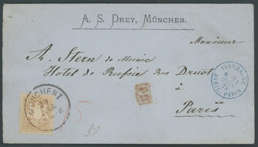BAYERN 28Y BRIEF, 1875, 9 Kr. Braun, Wz. Weite Rauten, Dekorativer Kabinettbrief Von MÜNCHEN Nach Paris - Sonstige & Ohne Zuordnung