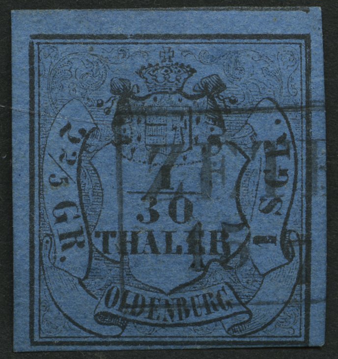 OLDENBURG 2I O, 1853, 1 Sgr. Schwarz Auf Lebhaftgrauultramarin, Type I, R2 ZETEL, Pracht, Gepr. Pfenninger - Oldenburg