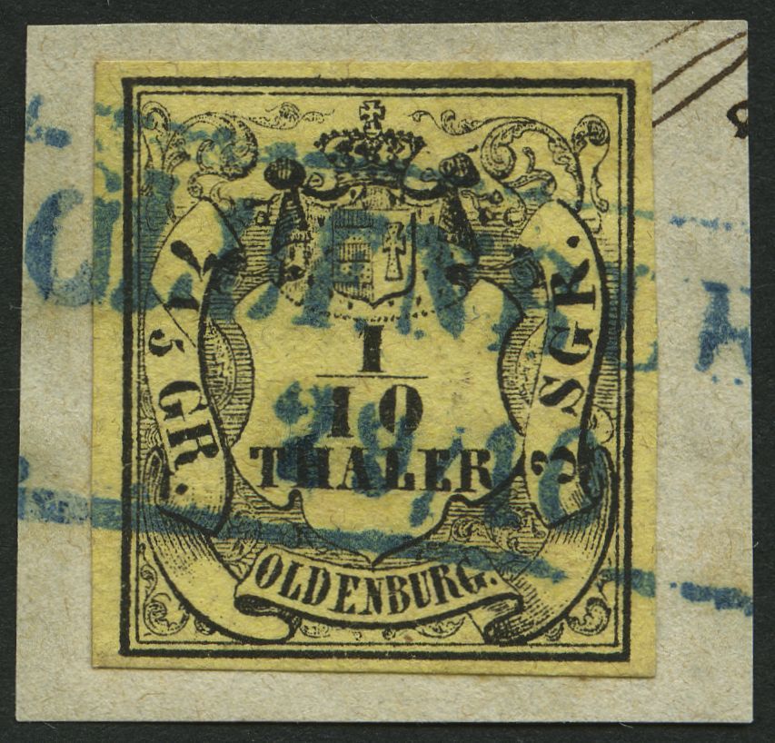 OLDENBURG 4a BrfStk, 1852, 1/10 Th. Schwarz Auf Hellgelb, Blauer R2 OLDENBURG, Prachtbriefstück, Mi. 120.- - Oldenburg