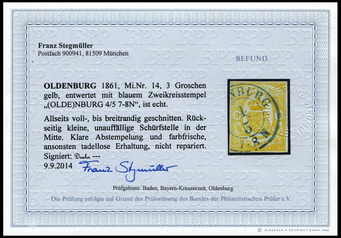 OLDENBURG 14 O, 1861, 3 Gr. Gelb, Blauer K2 OLDENBURG, Allseits Voll-breitrandig, Kleine Rückseitige Unauffällige Schürf - Oldenburg