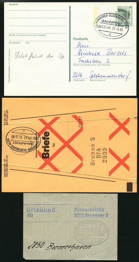 BAHNPOST Hannover-Oldenburg (Zug 149,14182 (3x) Und 3145), 1937-1993, 5 Belege Pracht, Dazu Beutelfahne Und Ortsbund, Pr - Maschinenstempel (EMA)