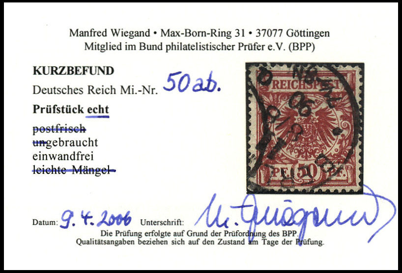 Dt. Reich 50ab O, 1889, 50 Pf. Dunkelfeuerrot, Pracht, Kurzbefund Wiegand, Mi. 280.- - Gebraucht