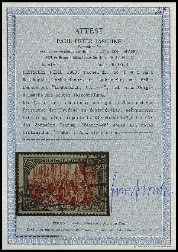 Dt. Reich 66I O, 1900, 5 M. Reichspost, Type I, Stempel LOMMATZSCH, Kabinett, Gepr. Pfenninger Und Fotoattest Jäschke, M - Sonstige & Ohne Zuordnung
