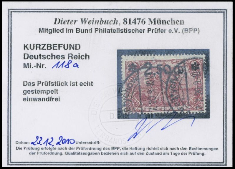 Dt. Reich 118a O, 1920, 2.50 M. Auf 2 M. Braunlila, Pracht, Gepr. Weinbuch, Mi. 250.- - Used Stamps