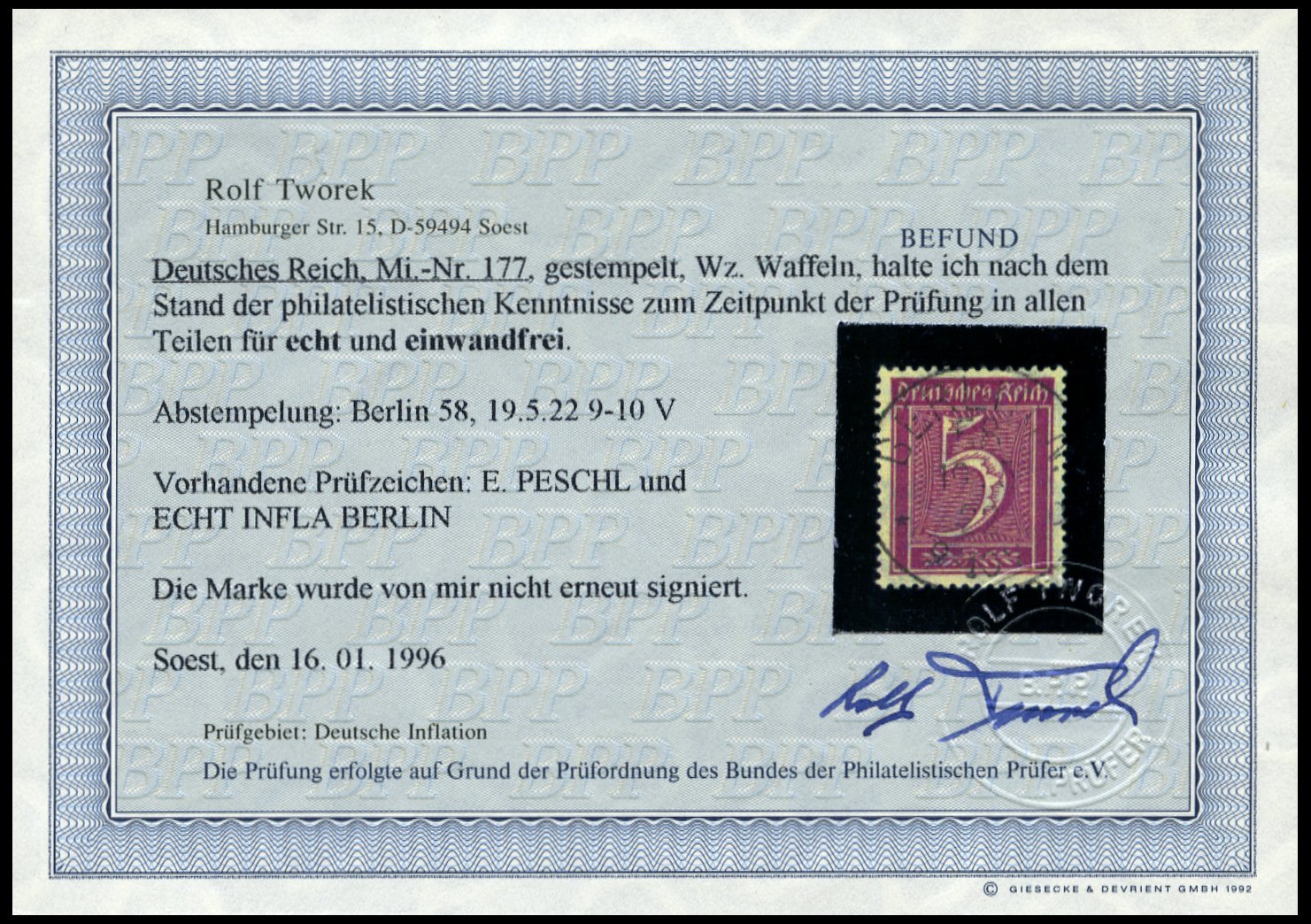 Dt. Reich 177 O, 1922, 5 Pf. Lilakarmin, Wz. 2, Pracht, Gepr. Peschl, Fotobefund Tworek, Mi. 260.- - Used Stamps