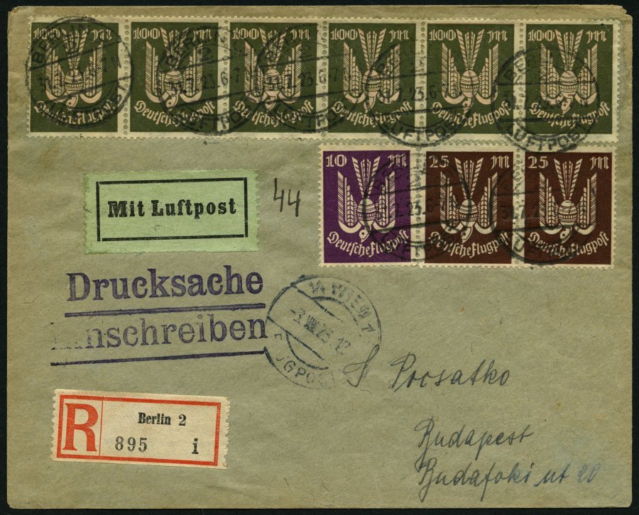 Dt. Reich 237,264/5 BRIEF, 1923, 100, 10 Und 25 M. Holztaube Auf Luftpost-Einschreib-Drucksache Von BERLIN über Wien Nac - Used Stamps