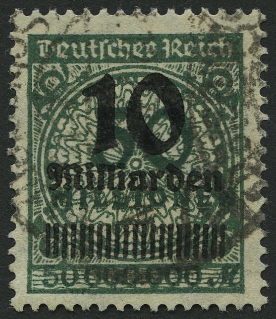 Dt. Reich 336AWb O, 1923, 10 Mrd. Auf 50 Mio. M. Schwarzopalgrün, Walzendruck, Pracht, Gepr. Dr. Oechsner, Mi. 2000.- - Used Stamps