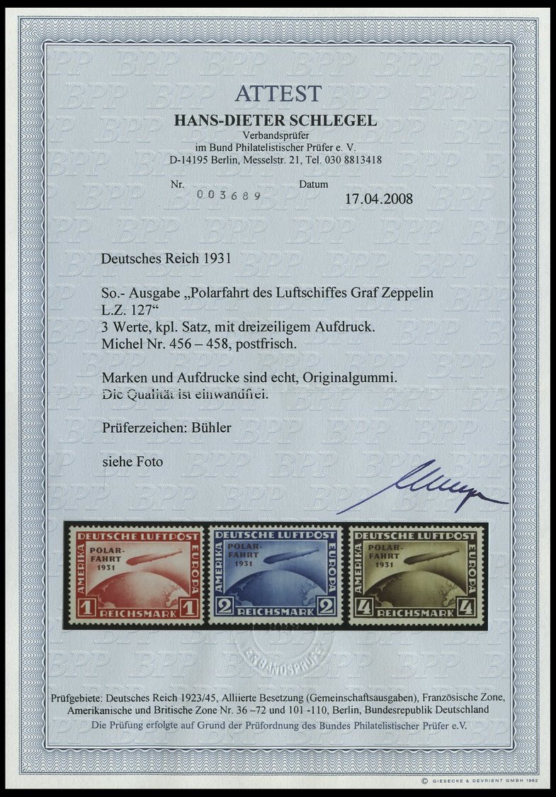 Dt. Reich 456-58 **, 1931, Polarfahrt, Postfrischer Prachtsatz, Gepr. Bühler Und Fotoattest H.D. Schlegel, Mi. 4000.- - Gebraucht