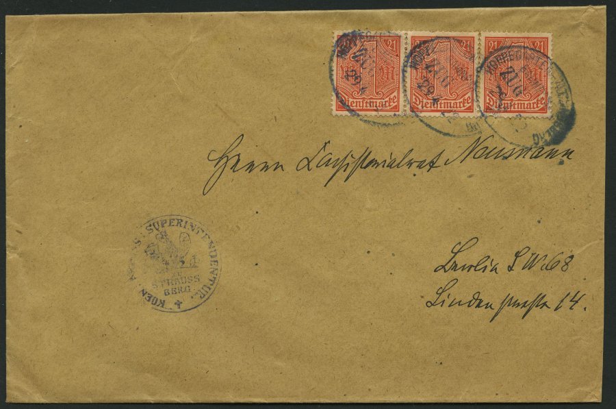 DIENSTMARKEN D 22 BRIEF, 1922, 1 M. Dunkelrotorange Im Dreierstreifen Auf Brief Mit Bahnpoststempeln HOPPEGARTEN ALTLAND - Dienstmarken