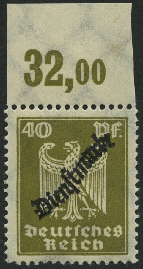 DIENSTMARKEN D 110POR **, 1924, 40 Pf. Braunoliv, Plattendruck, Oberrandstück, Normale Zähnung, Pracht, Mi. 60.- - Dienstmarken
