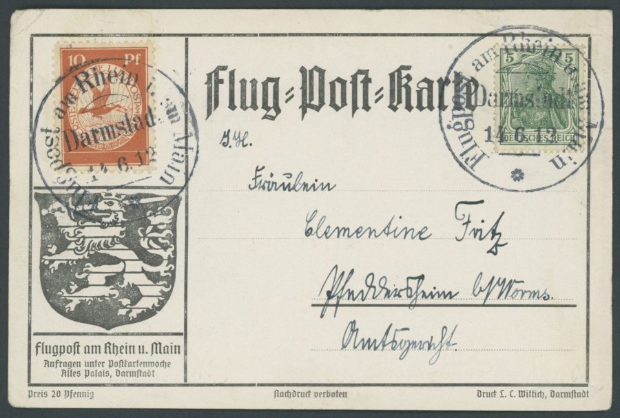 ZEPPELINPOST 10 BRIEF, 1912, 10 Pf. Flp. Am Rhein Und Main Auf Stempelverbotskarte, Mi.Nr. I Nachentwertet Mit Stempel I - Airmail & Zeppelin
