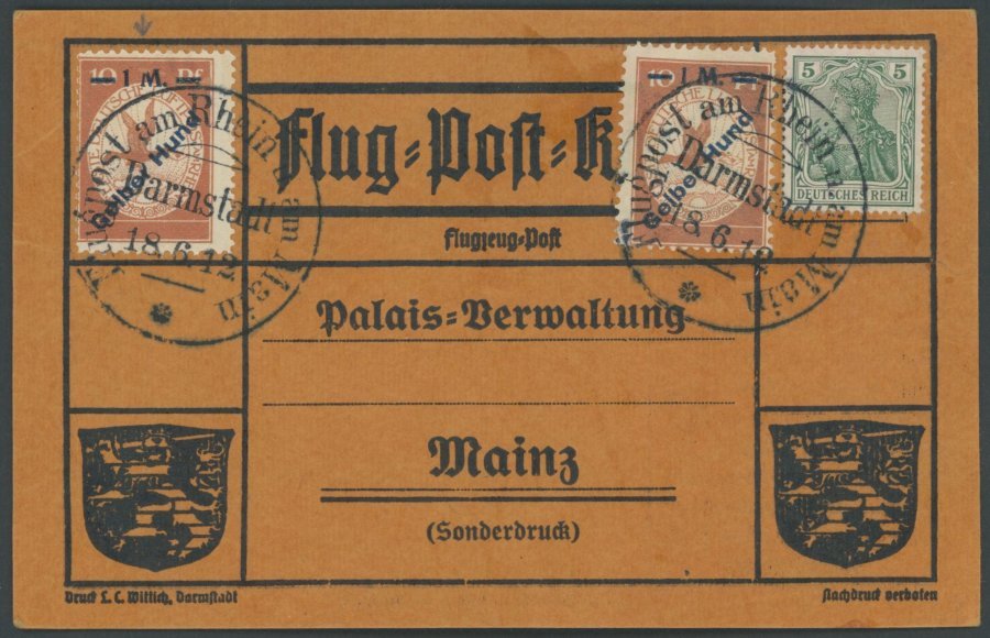 ZEPPELINPOST 13 BRIEF, 1912, 1 M. Gelber Hund 2x Auf Flugpostkarte Mit 5 Pf. Zusatzfrankatur, Sonderstempel Darmstadt 18 - Luft- Und Zeppelinpost