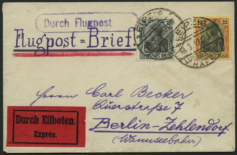 ZEPPELINPOST 017 BRIEF, 1913, Luftschiffhafen Leipzig, Prachtbrief Per Eilboten - Luft- Und Zeppelinpost