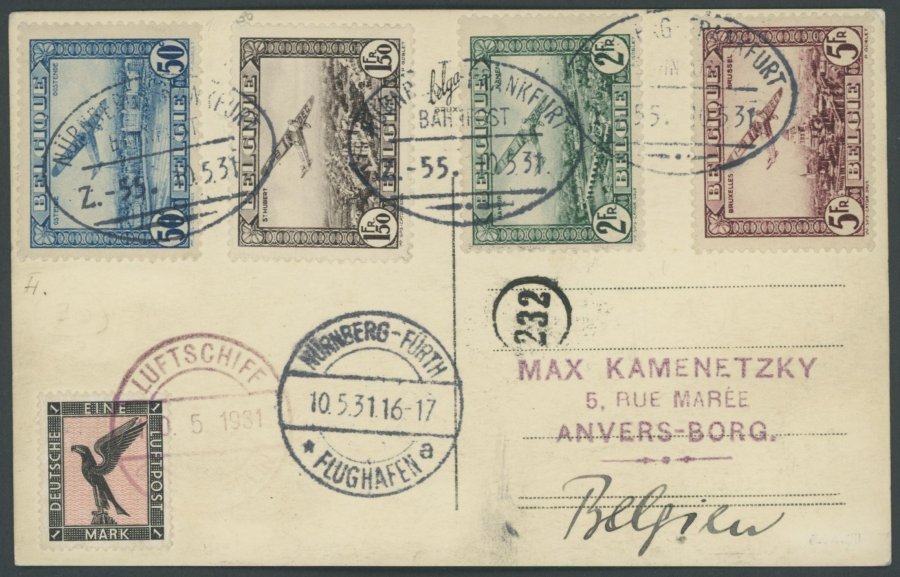 ZULEITUNGSPOST 107 BRIEF, Belgien: Fahrt Nach Nürnberg, Frankiert Mit Mi.Nr. 280-83 (entwertet Mit Bahnpoststempeln), So - Zeppeline