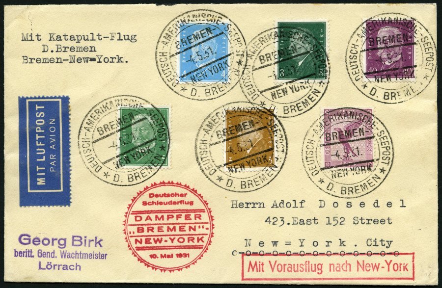 KATAPULTPOST 40b BRIEF, 10.5.1931, &quot,Bremen&quot, - New York, Seepostaufgabe, Prachtbrief - Briefe U. Dokumente