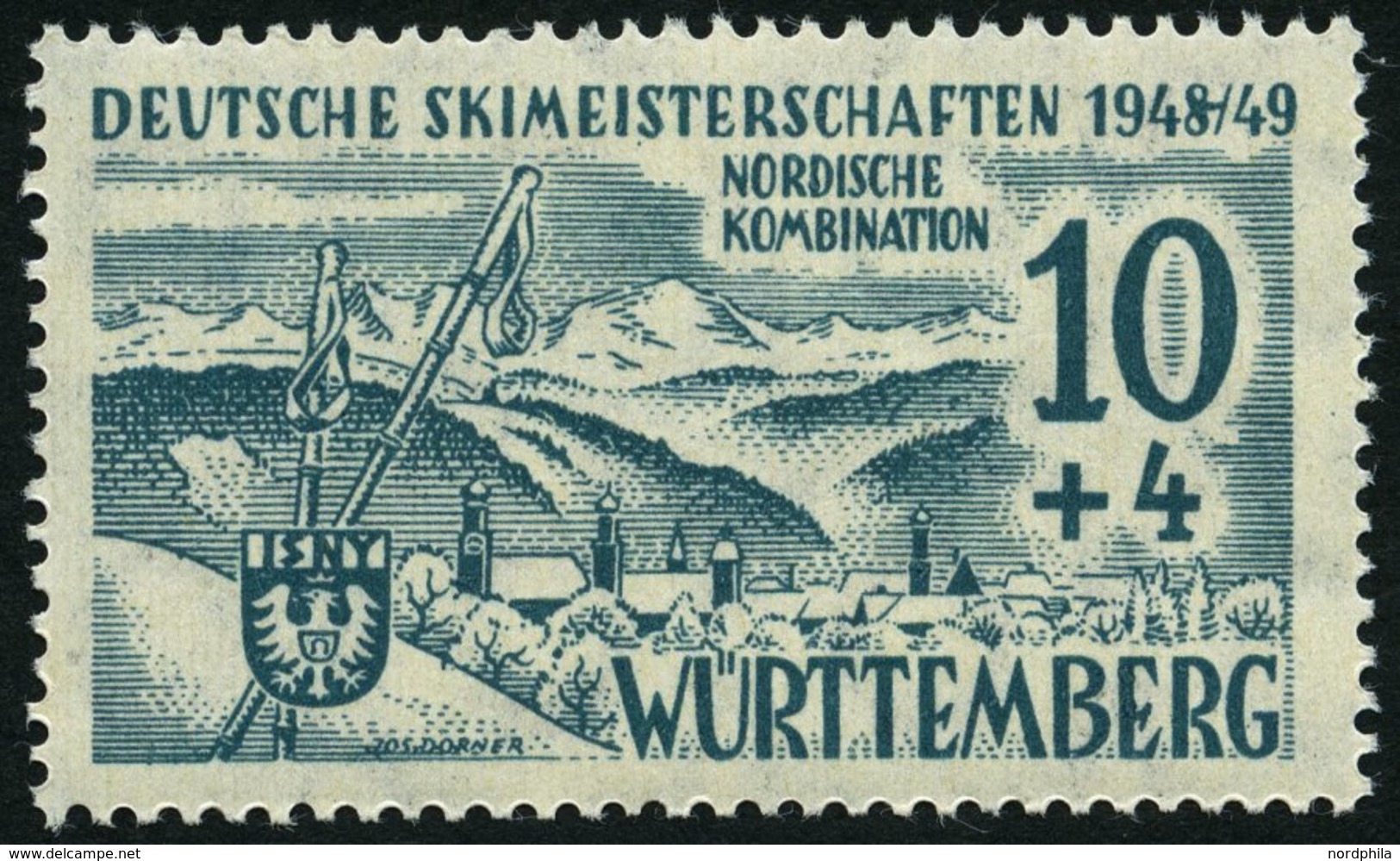 WÜRTTEMBERG 38I *, 1949, 10 Pf. Skimeisterschaften Mit Abart 8 Von 1948 Mit Schrägstrich Verknüpft, Falzrest, Pracht, Mi - Sonstige & Ohne Zuordnung