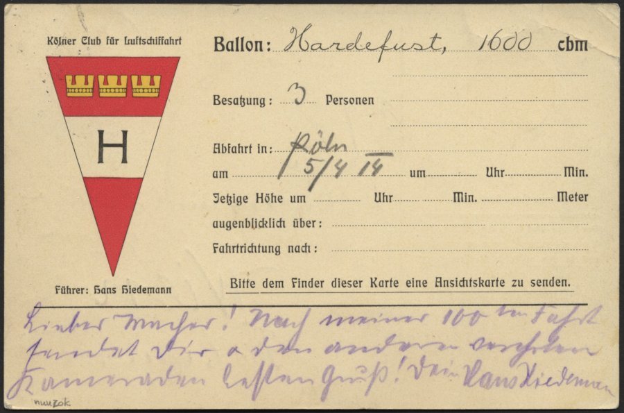 BALLON-FAHRTEN 1897-1916 5.4.1914, Kölner Club Für Luftschiffahrt, Abwurf Vom Ballon HARDEFUST, Postaufgabe In Cöln Am 6 - Fesselballons